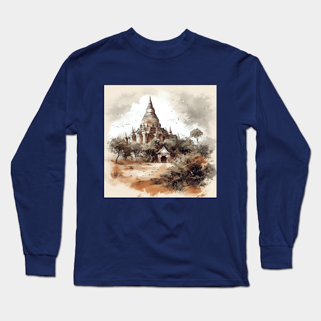 Illustration of Bagan, Myanmar. Tourists place Long Sleeve T-Shirt by KOTYA